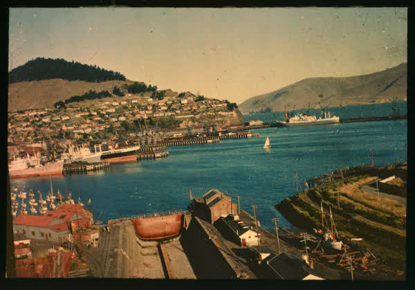 View of Lyttelton’s dry dock and harbour, 1950