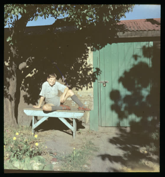 Boy sitting on a bench, 1950
