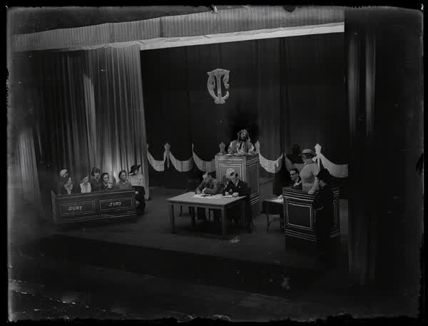 Court room scene during show at St James Theatre, 1936