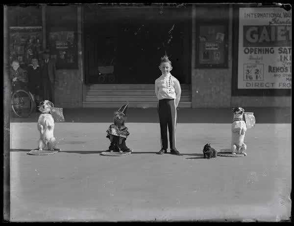 Performing animals with Pat Reno outside St James Theatre, 1936