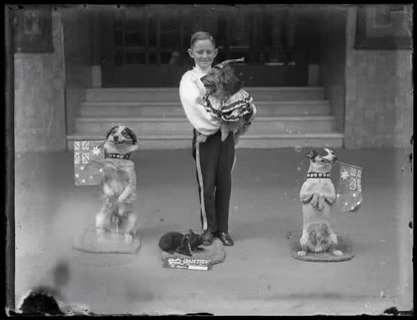 Performing animals outside St James Theatre with Pat Reno, 1936