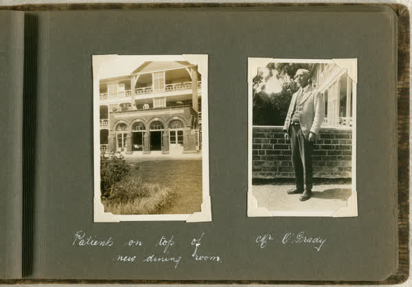 Patients on top of new dining room, and Mr O'Grady, 1930