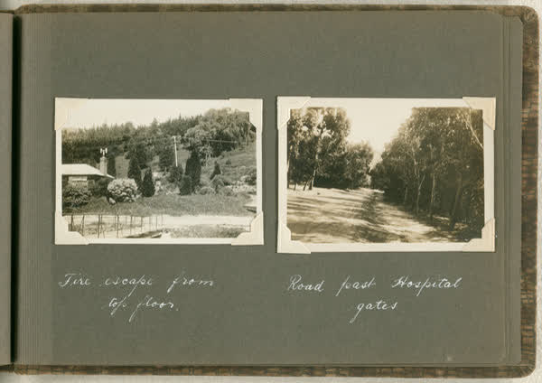 Fire escape from top floor; Road past Hospital gates, 1913