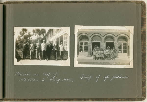 Patients on roof of dining room; Group of up patients, 1930