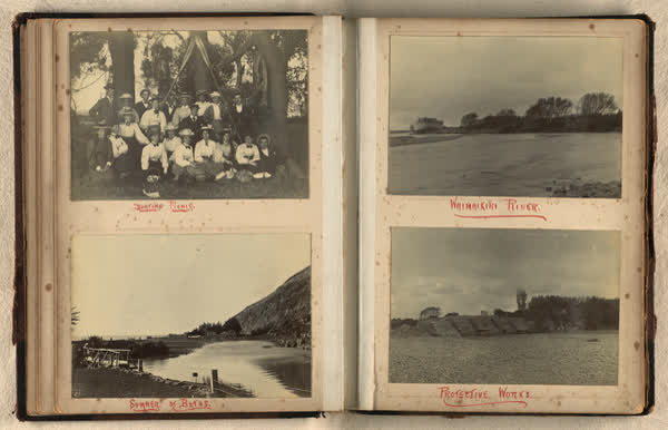 Group portrait, Bath at Sumner,  Waimakariri River, 1900