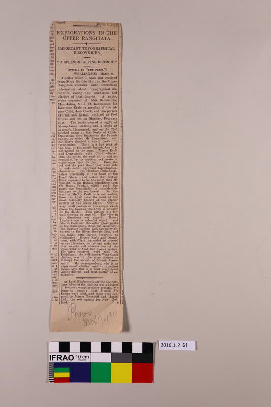 Newspaper Clipping: Explorations in the Upper Rangitata, Important Topographical Discoveries, 7 March 1910, The Press, 1910