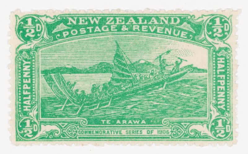 Issued half penny 'Maori Canoe, Te Arawa' Christchurch Exhibition stamp, 1906
