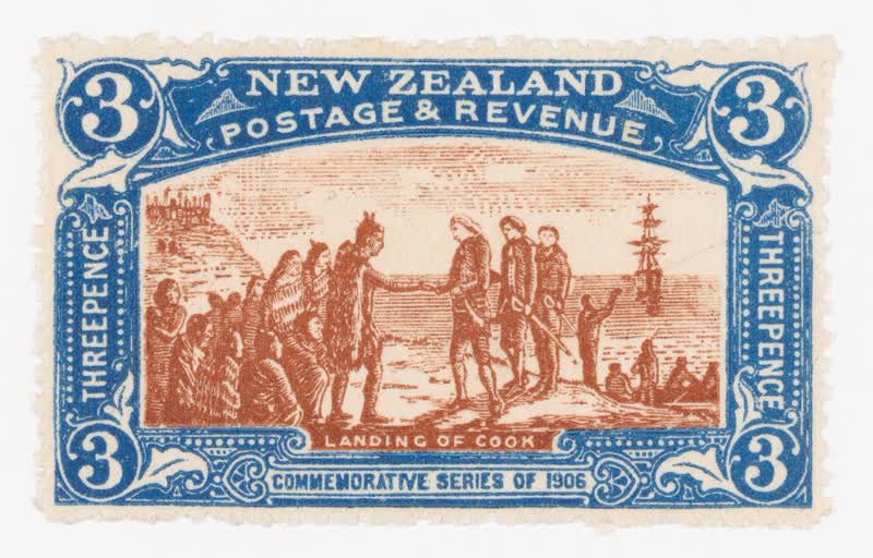Issued three penny 'Landing of Cook' Christchurch Exhibition stamp, 1906