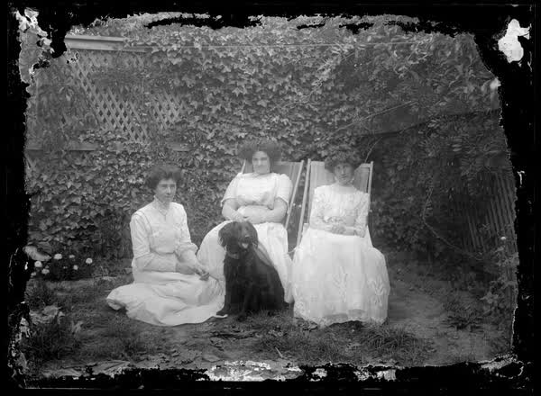 Three women and a dog, 1900