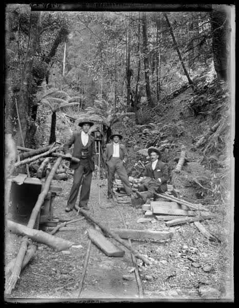 Three men in a forest, 1900