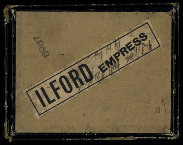 Box cover with Ilford Empress sticker, 1900