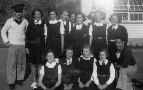 Netball players at Akaroa District High School, 1941