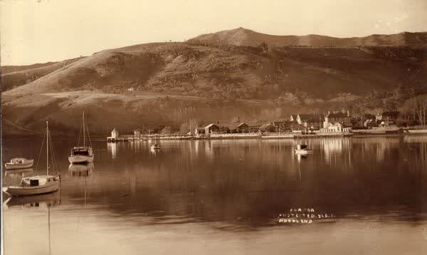 Daly’s Wharf from Akaroa Harbour, 1918