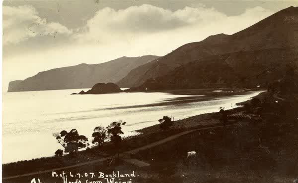 Akaroa Heads looking from Wainui BeachJan Shuttleworth collection, 1907
