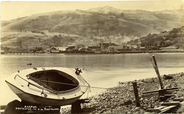 Boat moored at Akaroa HarbourJan Shuttleworth collection, 1910