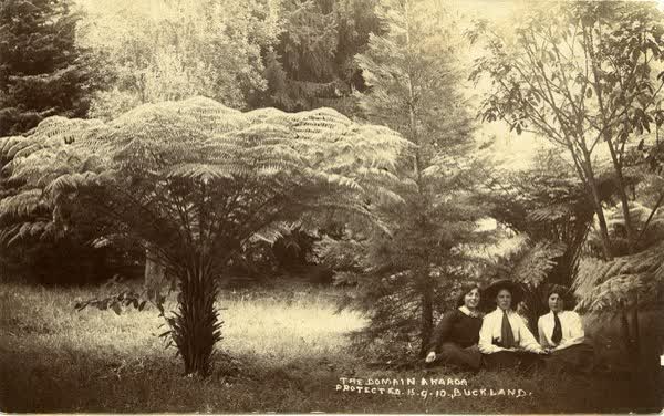 Three girls sitting at the Domain in AkaroaJan Shuttleworth collection, 1910