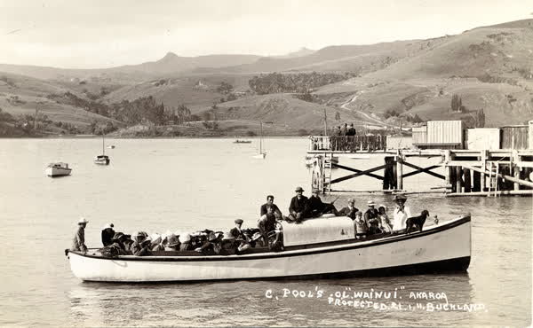 Ol’ Wainui boat beside the Main Wharf in AkaroaJan Shuttleworth collection, 1911