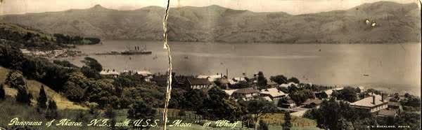 Panorama of Akaroa with SS Maori at wharfJan Shuttleworth collection, 1912