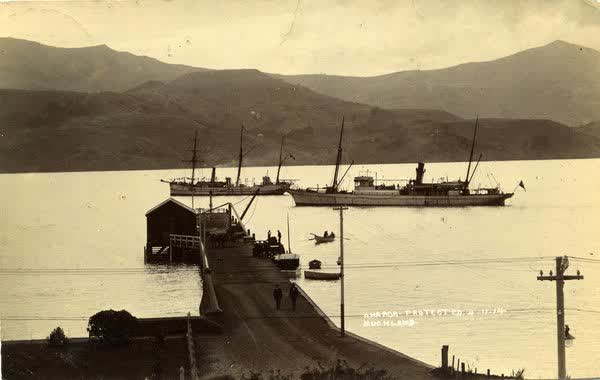 SS Hinemoa and another ship at Main Wharf in AkaroaJan Shuttleworth collection, 1914