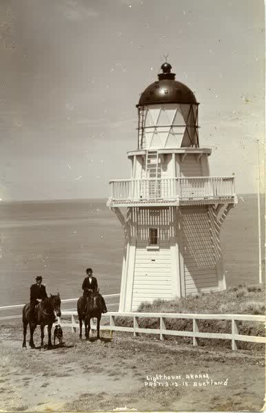 Man and woman on horses at Akaroa LighthouseJan Shuttleworth collection, 1915