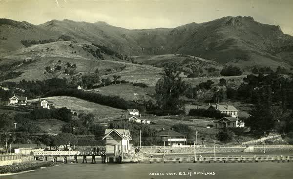 Akaroa sea-bath and bathing shedsJan Shuttleworth collection, 1919
