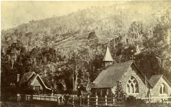 Two men at St John the Evangelist Church in Okains BayJan Shuttleworth collection, 1910