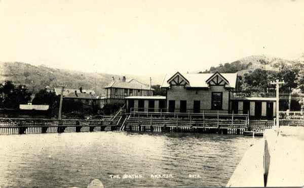 Akaroa sea-bath and bathing shedsJan Shuttleworth collection, 1915