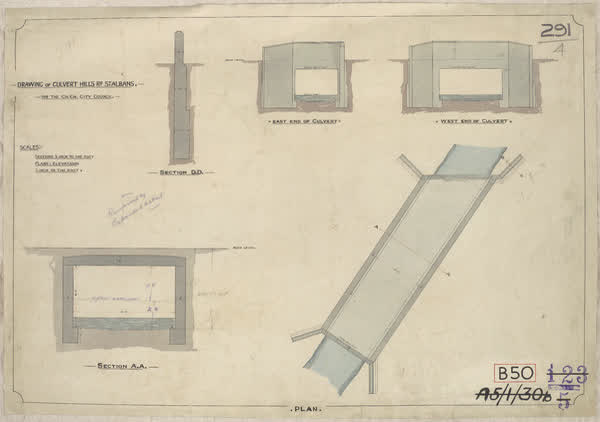 Drawing of culvert, Hills Road, St Albans, 1910