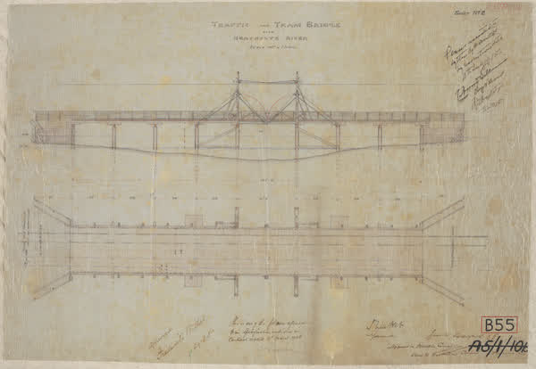 Traffic and tram bridge over Heathcote River, 1905