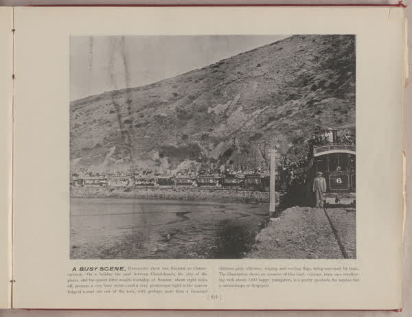 A busy scene, returning from the seaside to Christchurch, 1896