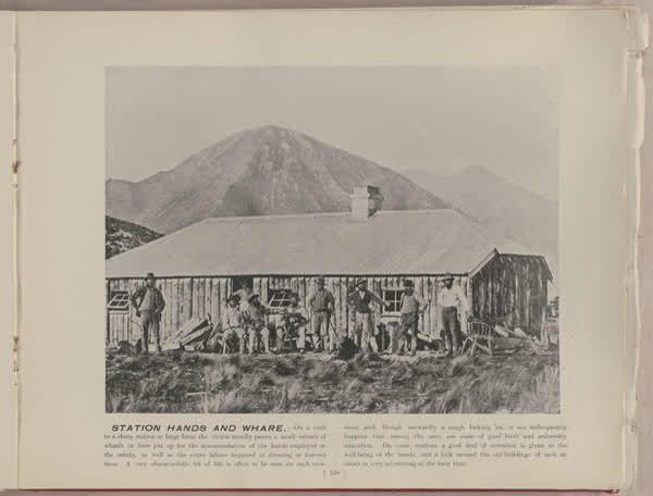 Station hands and whare, 1896