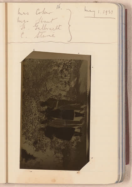 Group portrait in garden [negative mounted in notebook], page 16, 1927