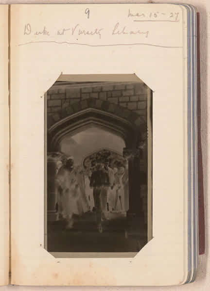 Duke at college library [negative mounted in notebook], page 9, 1927