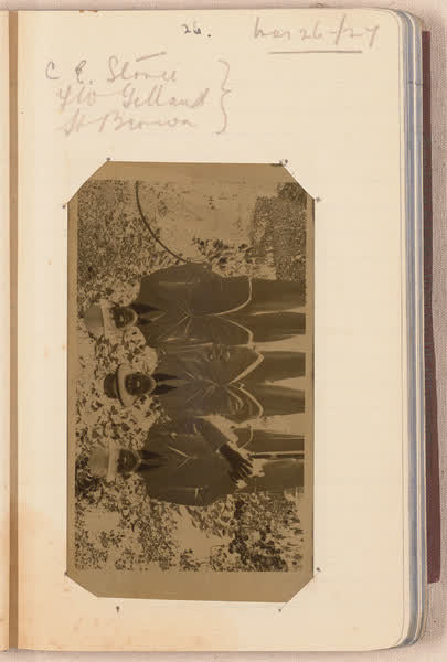 Three men in suits [negative mounted in notebook], page 26, 1927