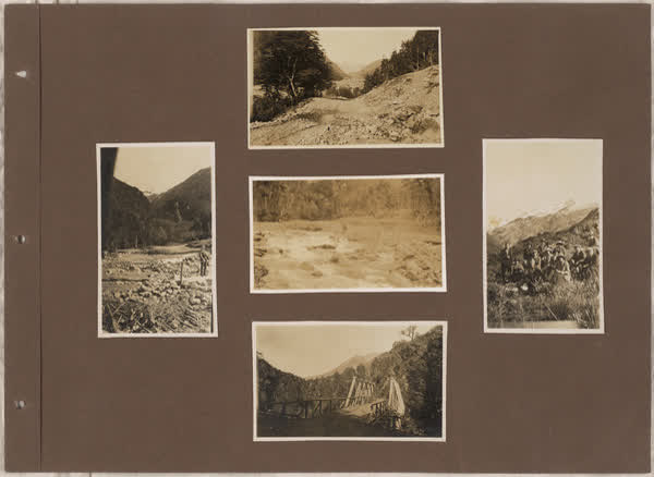 Rocky ground, Man beside waterfalls, Bridge, Group portrait, 1920