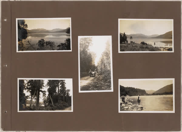Lake, Car on a road, Car beside bridge, Trees, People beside river, 1920
