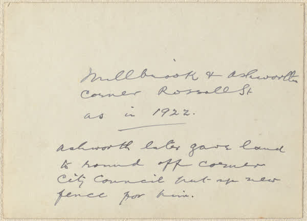 Millbrook and Ashworth corner, back, 1922