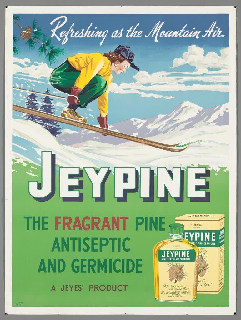 "Refreshing as the Mountain Air Jeypine The Fragrant Pine Antiseptic and Germicide A Jeyes' Product", 1950