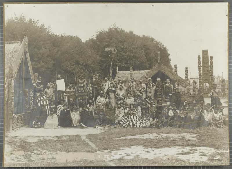Group in ceremonial dress, Christchurch International Exhibition, 1906