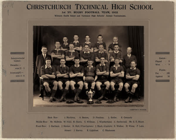 Christchurch Technical High School, 1st. XV. Rugby Football TeamArchive 1054, 1932