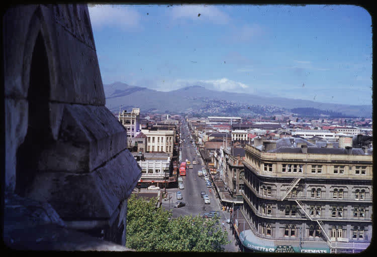 Colombo Street, Christchurch and the Cashmere Hills, 1950
