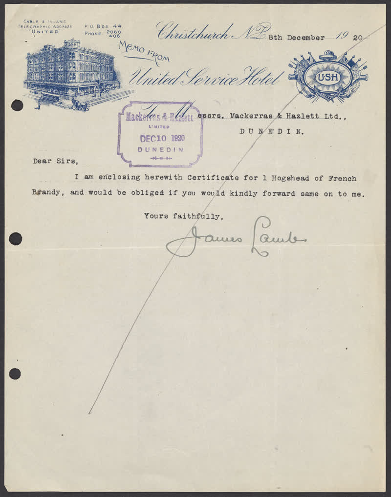 United Service Hotel letterhead, 1920