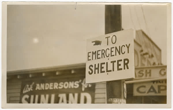 Emergency shelter sign, Redcliffs, 1941