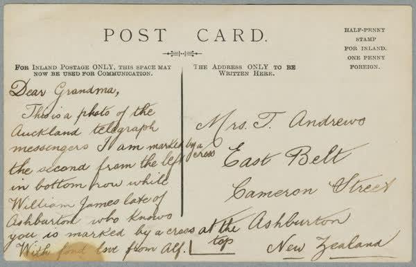 Reverse of Auckland Telegraph Messengers postcard, 1900