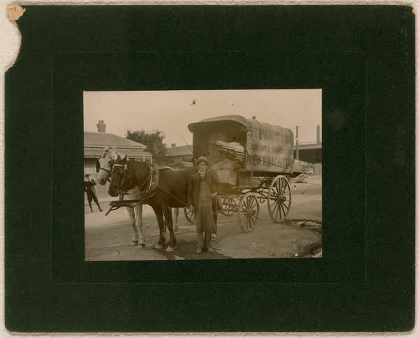 Fred Williams with Stewart Bros., Carrier cart, 1906