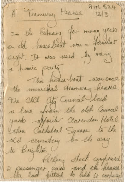 Handwritten notes about a tramway hearse, 1930