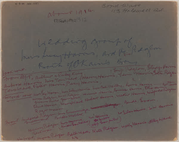 Wedding of Lucy Harris and Vic Pidgeon reverse, 1919