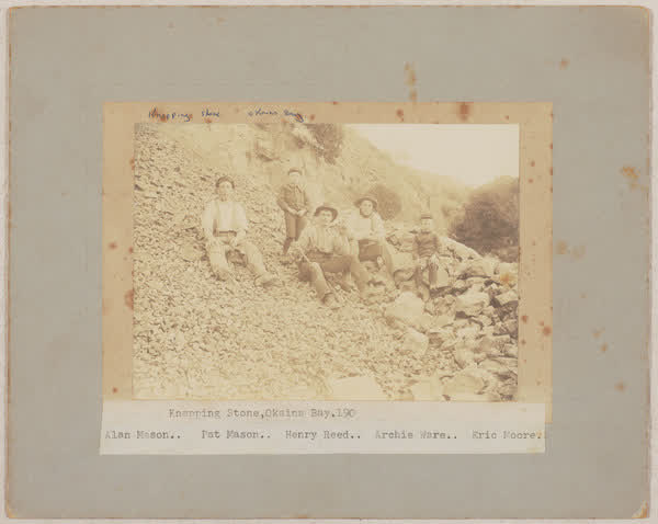 Knapping stone in Okains Bay, 1900