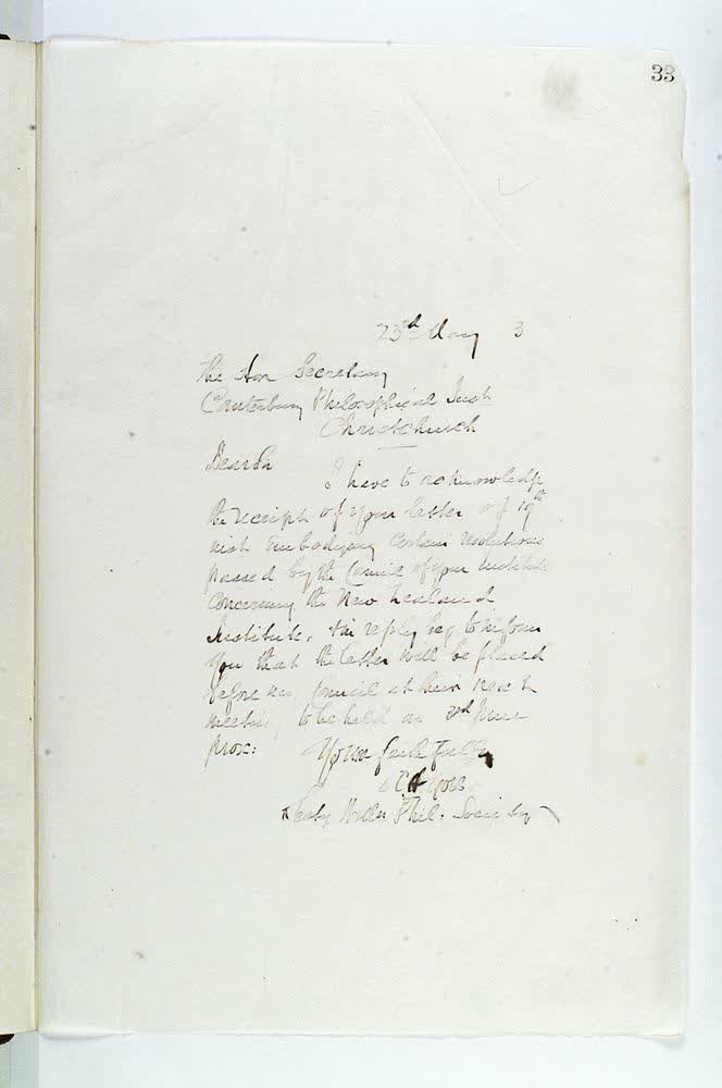 Outward letter:The Secretary, Christchurch Philosophical Institute re Council resolutions, 1903