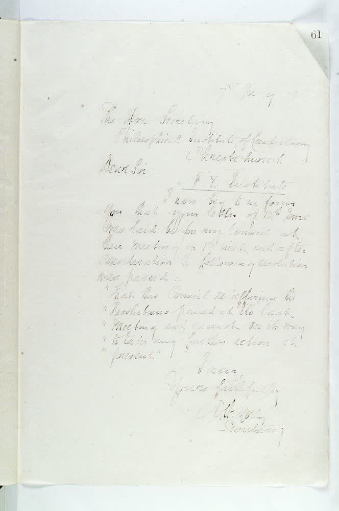 Outward letter: Philosophical Institute., Christchurch re: New Zealand Institute, 1903